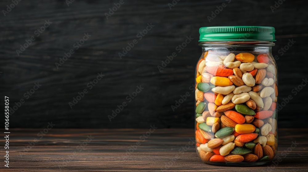 Colorful Nuts and Seeds in a Glass Jar on Wooden Table Colorful Nuts and Seeds in a Glass Jar on Wooden Table