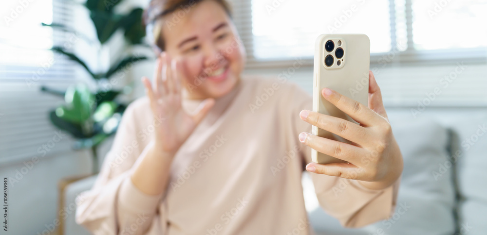 Asian woman talking on smart phone have conversation online virtual chat video call with friends. Lifestyle girl vlog video on social media. Asian woman talking on smart phone have conversation online virtual chat video call with friends. Lifestyle girl vlog video on social media.