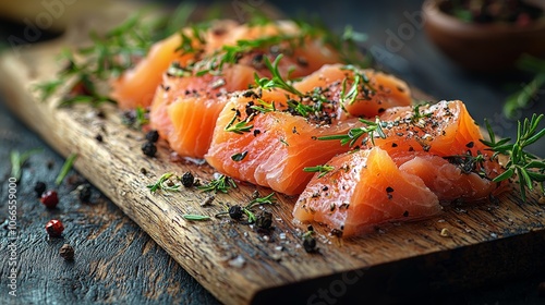 Fresh Salmon on Wooden Platter with Herbs and Spices