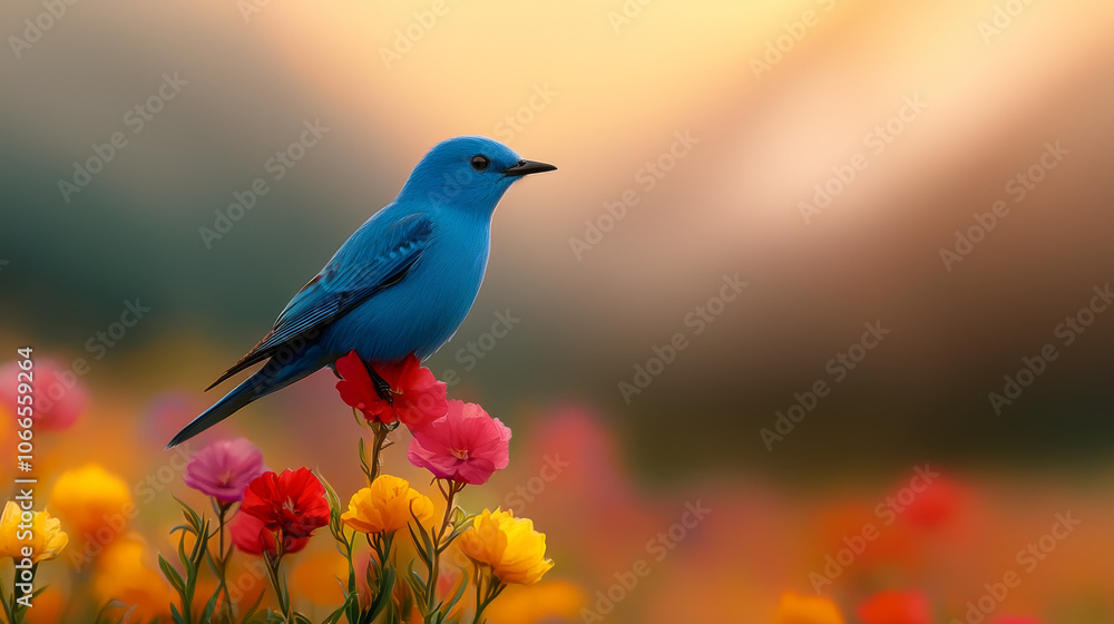 Sunlit Serenity: Mountain Bluebird Perched in a Vibrant Meadow Sunlit Serenity: Mountain Bluebird Perched in a Vibrant Meadow
