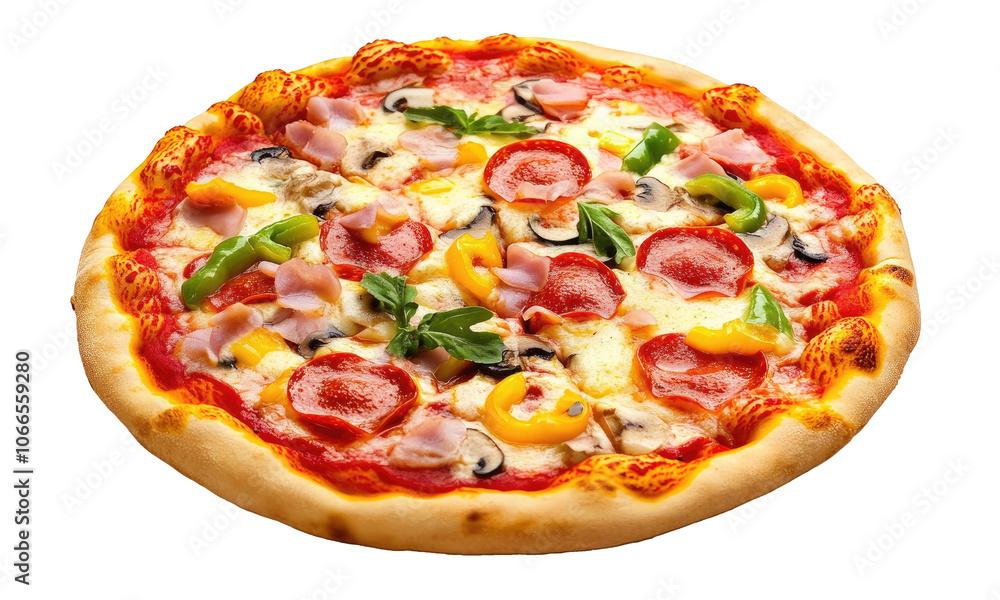 very delicious pizza with full toppings and melted cheese, side view. transparent background very delicious pizza with full toppings and melted cheese, side view. transparent background