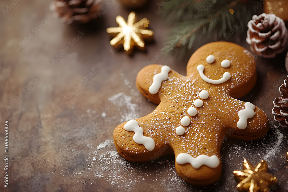 Cheerful gingerbread cookie man on a festive holiday table setting. Generative AI. Cheerful gingerbread cookie man on a festive holiday table setting. Generative AI.