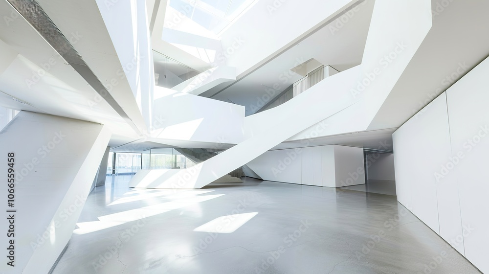 Fototapeta premium White Abstract Geometric Architecture - a captivating and modern indoor scene. The geometric shapes create an engaging and stylish atmosphere.