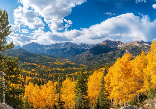 A beautiful scenery fall landscape wallpaper background with mountains and yellow forest