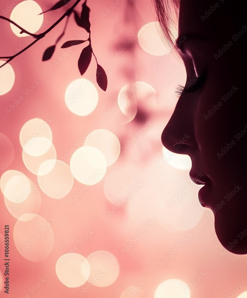 A silhouette of a woman against a soft, blurred bokeh background, creating a dreamy, ethereal atmosphere with pink and white tones. A silhouette of a woman against a soft, blurred bokeh background, creating a dreamy, ethereal atmosphere with pink and white tones.