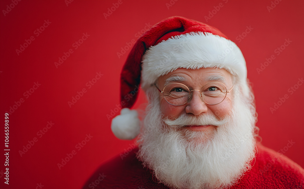 A joyful Santa Claus with a fluffy white beard and red hat is smiling warmly. Generative AI. A joyful Santa Claus with a fluffy white beard and red hat is smiling warmly. Generative AI.