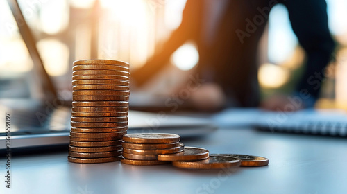 stack of coins is prominently displayed on desk, with blurred background of person working on laptop, symbolizing financial growth and business focus photo