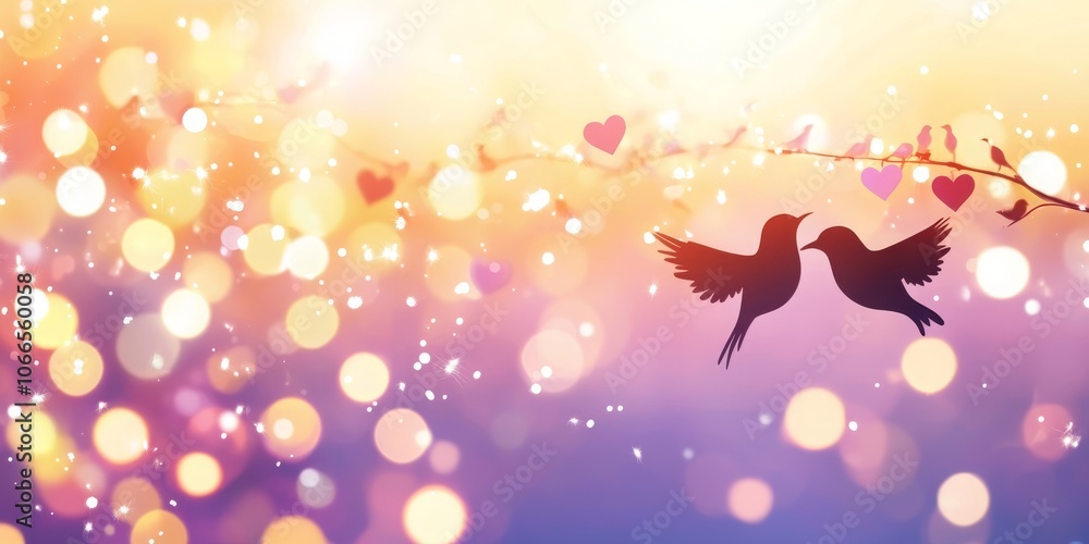Two silhouetted birds perch on a branch adorned with hearts, surrounded by a dreamy, bokeh background of warm colors. Two silhouetted birds perch on a branch adorned with hearts, surrounded by a dreamy, bokeh background of warm colors.