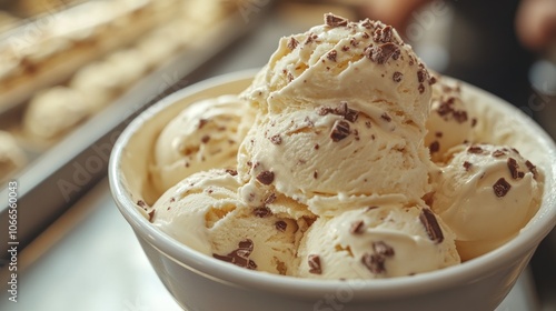 A close-up of a bowl of vanilla ice cream topped with chocolate shavings.