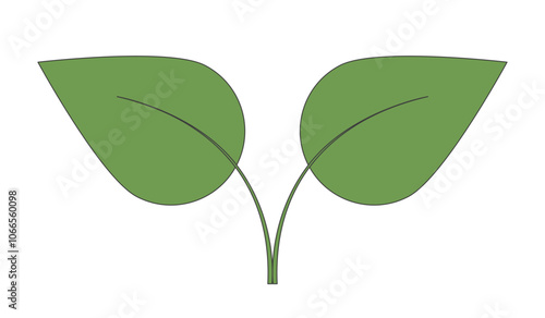 Two leaves connected by stem 2D cartoon object. Eco-friendly environmental conservation nature sustainability. Natural leafs isolated element flat vector clipart on white background. Spot illustration