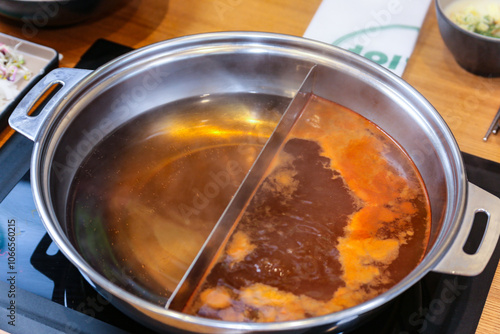 Korean style Shabu Shabu. Two types of broth. Mild and spicy taste