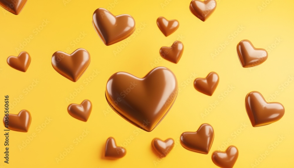Floating chocolate hearts on a vibrant yellow background create a cheerful and playful atmosphere, perfect for celebrating love or special occasions. Floating chocolate hearts on a vibrant yellow background create a cheerful and playful atmosphere, perfect for celebrating love or special occasions.