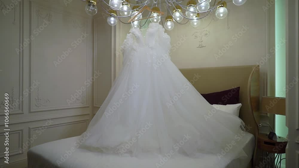 A stunning white wedding dress is showcased in a modern room with a glamorous chandelier and elegant decor, ideal for a bridetobe looking for sophistication and luxury for her special day A stunning white wedding dress is showcased in a modern room with a glamorous chandelier and elegant decor, ideal for a bridetobe looking for sophistication and luxury for her special day