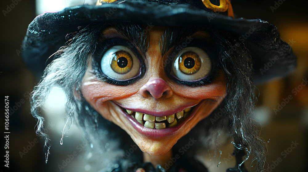 A 3D Illustration of a Witch with a Big Grin and Wavy Hair Wearing a Black Hat A 3D Illustration of a Witch with a Big Grin and Wavy Hair Wearing a Black Hat