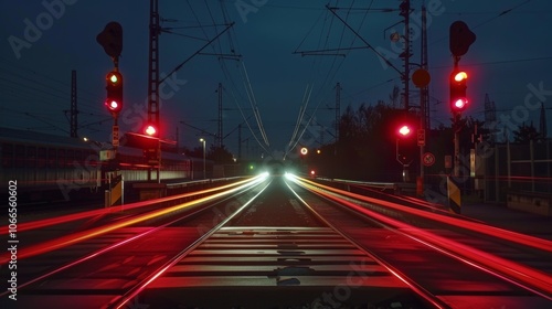 A cars headlights illuminate the railway crossing with the faint light trail of a train in the distance signaling its approach. photo