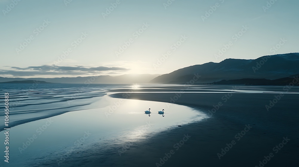 Fototapeta premium Two Swans in a Calm Inlet by a Mountainous Coastline
