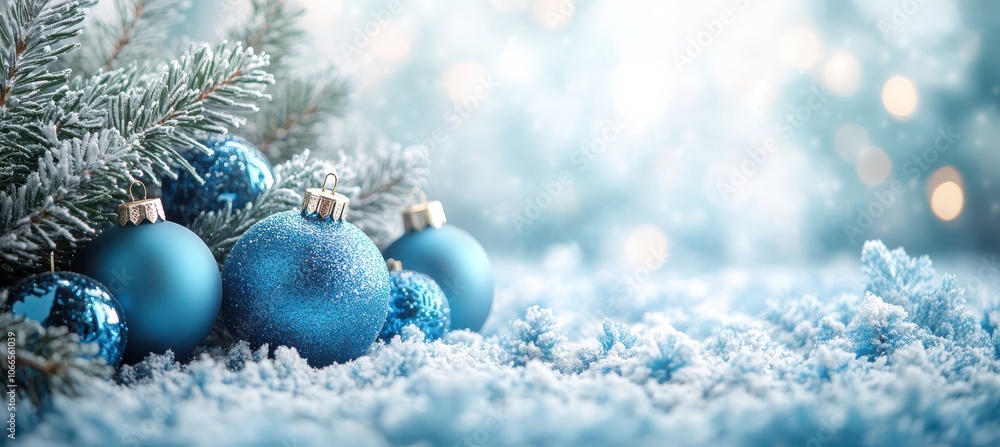 Blue Christmas Ornaments with Snowflakes and Text Space Blue Christmas Ornaments with Snowflakes and Text Space