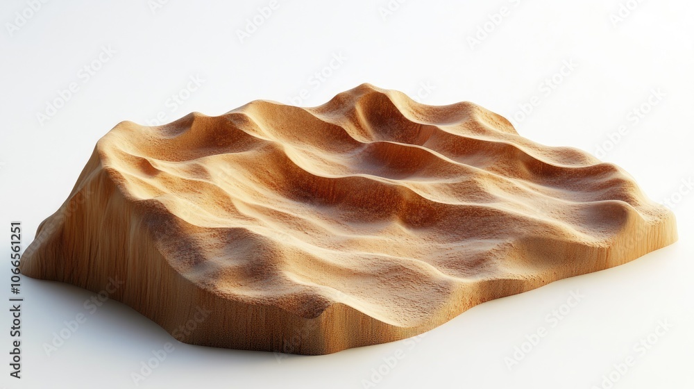 A wooden model of a desert landscape with rolling dunes, isolated on a white background. A wooden model of a desert landscape with rolling dunes, isolated on a white background.