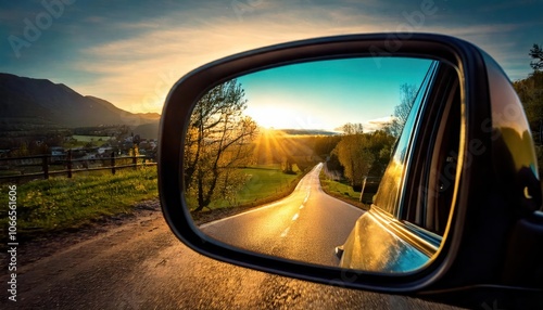 Countryside road seen in a car rearview mirror at sunset 