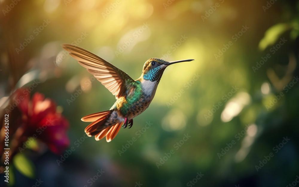 Hummingbird in flight on the green background Hummingbird in flight on the green background