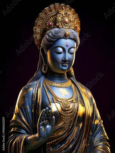 Antique Blue Ceramic Guanyin with bronze highlight photo