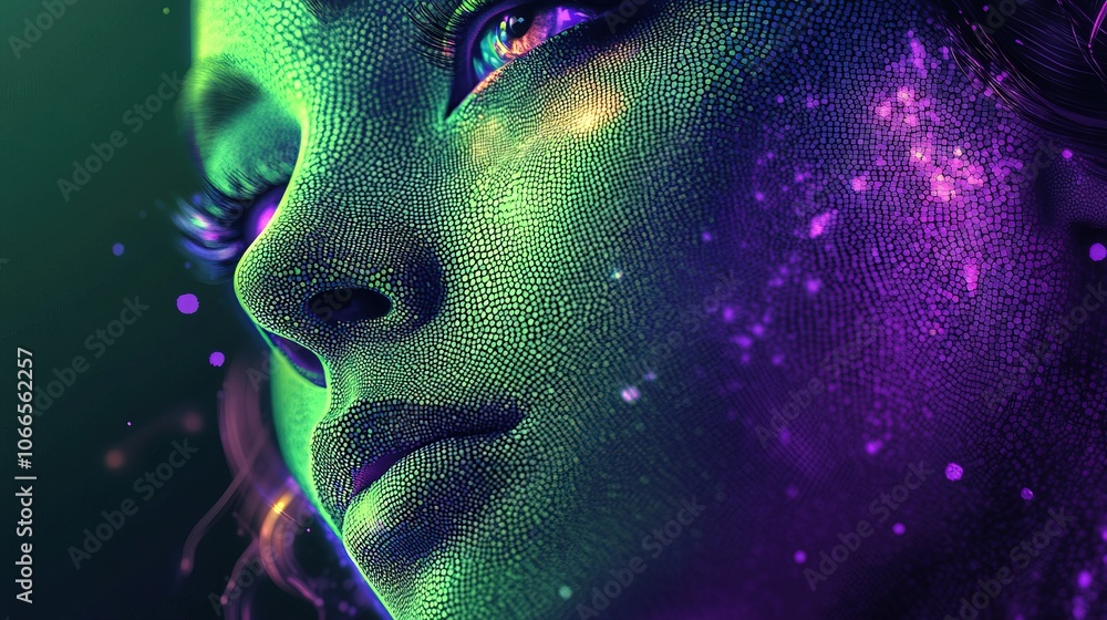 Digital illustration of female face made of dots. Green and purple shades Digital illustration of female face made of dots. Green and purple shades