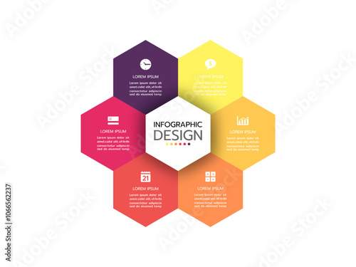 Business infographics. Pie chart, graph with 6 options and icons. Vector circular diagram.