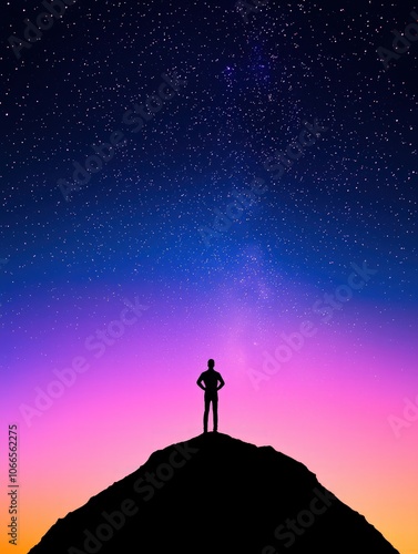 Person Stands on Mountain Under Starry Sky at Dusk