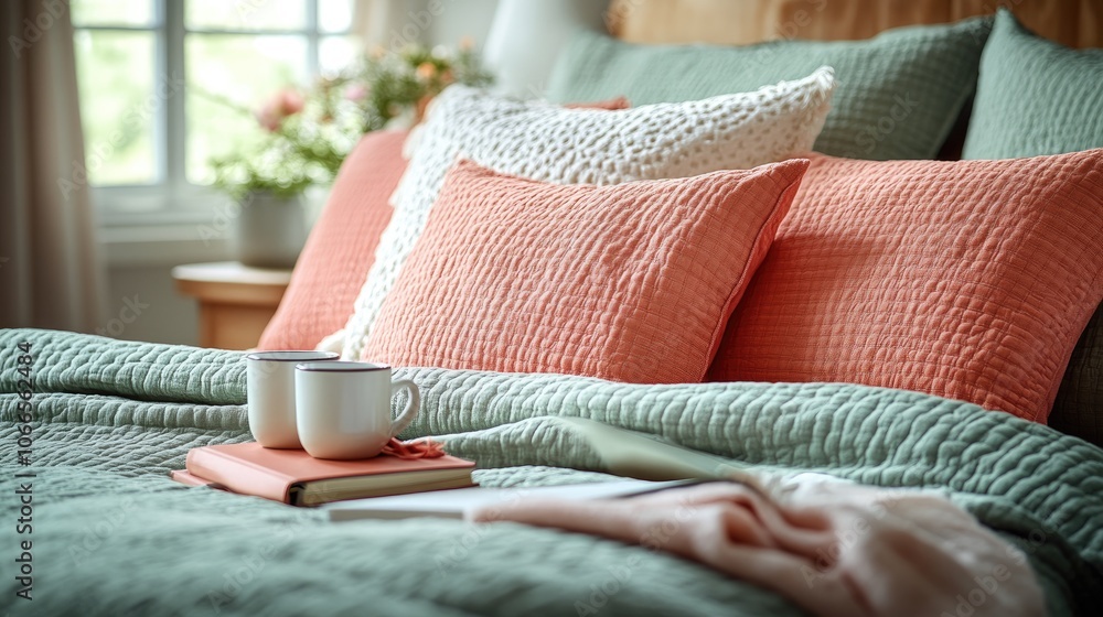 Fototapeta premium Two white coffee mugs on a bed with a book and a knitted blanket with green and orange bedding.