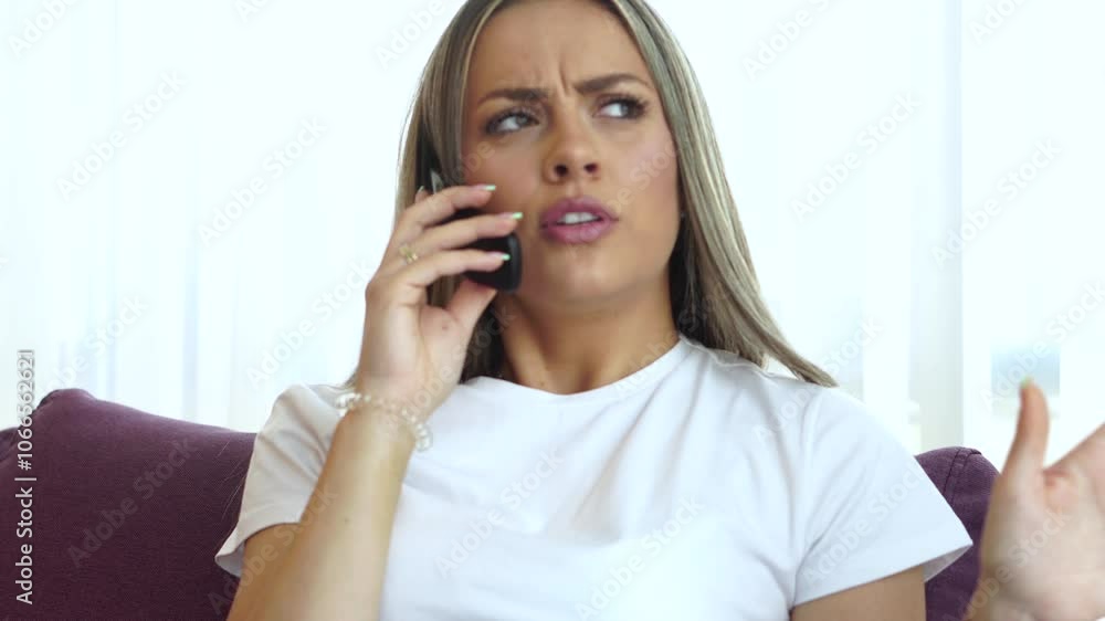 Young Married Woman With Old Mobile Phone Having Dramatic Conversation, Close Up Young Married Woman With Old Mobile Phone Having Dramatic Conversation, Close Up