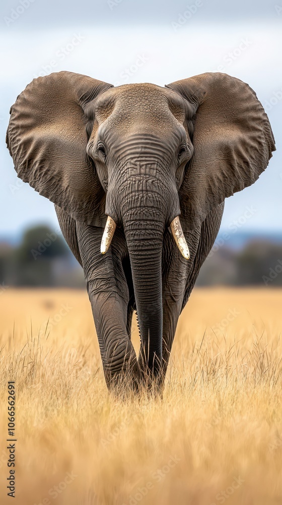 Fototapeta premium Elephant walking in a grassy field under a cloudy sky.