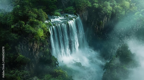 Breathtaking aerial view of a majestic waterfall cascading through vibrant greenery in nature's paradise