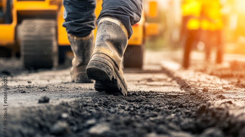 A worker walks on freshly laid asphalt at a construction site, highlighting the effort and focus involved in road building. A worker walks on freshly laid asphalt at a construction site, highlighting the effort and focus involved in road building.