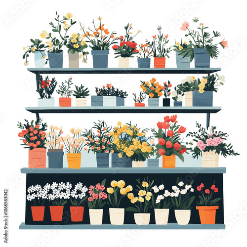 Flower shop shelf with different plants and flowers. Vector illustration. 