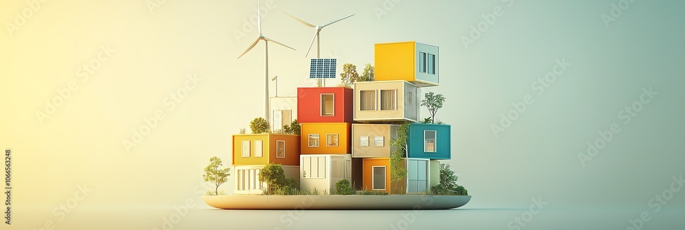 Minimalistic 3D Renewable Energy Tower with Wind Turbines and Solar Panels for Eco-Friendly Real Estate Minimalistic 3D Renewable Energy Tower with Wind Turbines and Solar Panels for Eco-Friendly Real Estate
