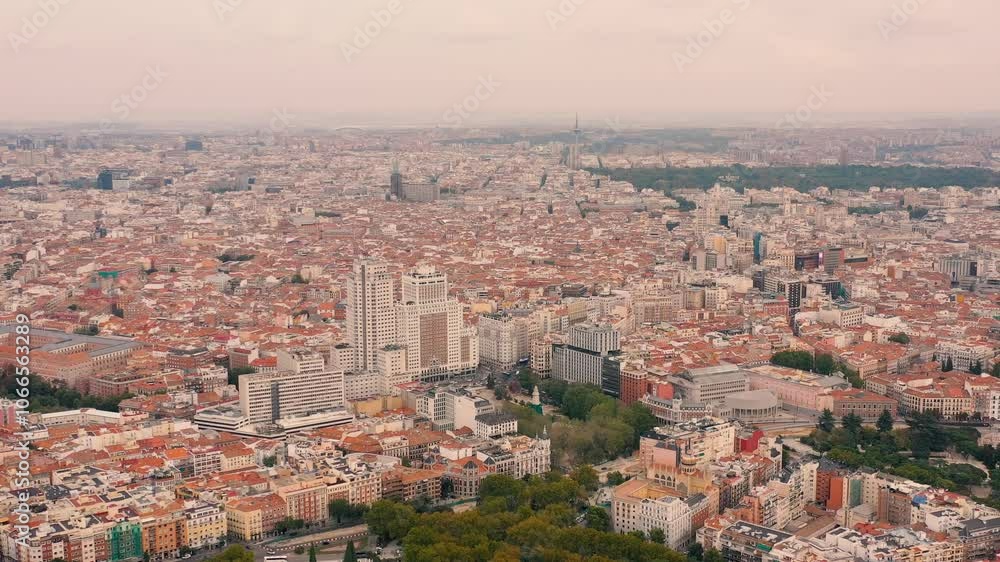 MADRID, SPAIN - OCTOBER 28, 2024: Aerial view of Madrid showcasing vibrant cityscape and iconic landmarks experienced in autumn MADRID, SPAIN - OCTOBER 28, 2024: Aerial view of Madrid showcasing vibrant cityscape and iconic landmarks experienced in autumn