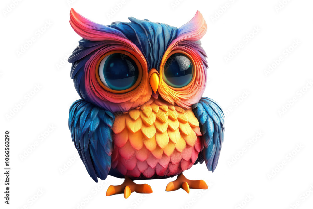 A colorful, cartoonish owl with big eyes and fluffy feathers, isolated on transparent or white background A colorful, cartoonish owl with big eyes and fluffy feathers, isolated on transparent or white background