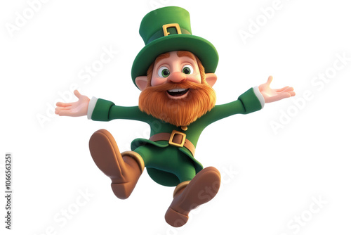 A cheerful leprechaun in a green suit and hat, with a big smile and outstretched arms, jumps in mid-air, isolated on transparent or white background