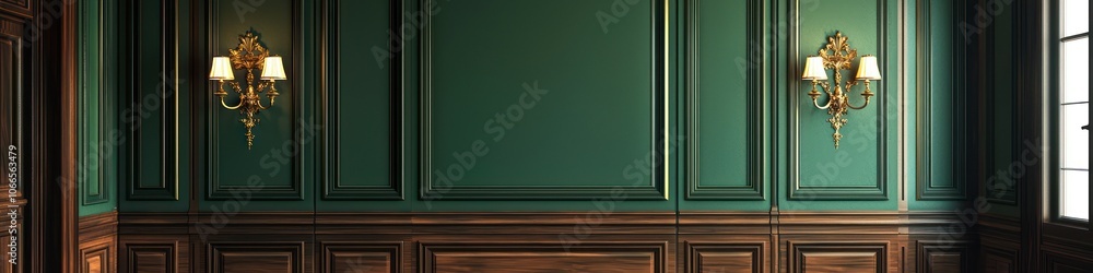 Classic 3D design with green wall, wood panels, and vintage gold sconces. Classic 3D design with green wall, wood panels, and vintage gold sconces.