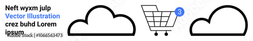 Shopping cart with a blue notification badge marked with number three between two stylized clouds. Ideal for e-commerce, notifications, online shopping, cloud computing, mobile apps, digital cart