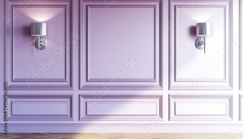Fototapeta Naklejka Na Ścianę i Meble -  High-res 3D classic interior with soft lilac wall and wood panels.