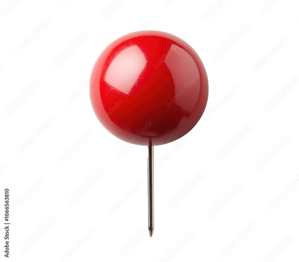 Bright red push pin with sharp metal point isolated on transparent background. Office supply for pinning papers, notes, or reminders on corkboard or bulletin boards. Bright red push pin with sharp metal point isolated on transparent background. Office supply for pinning papers, notes, or reminders on corkboard or bulletin boards.