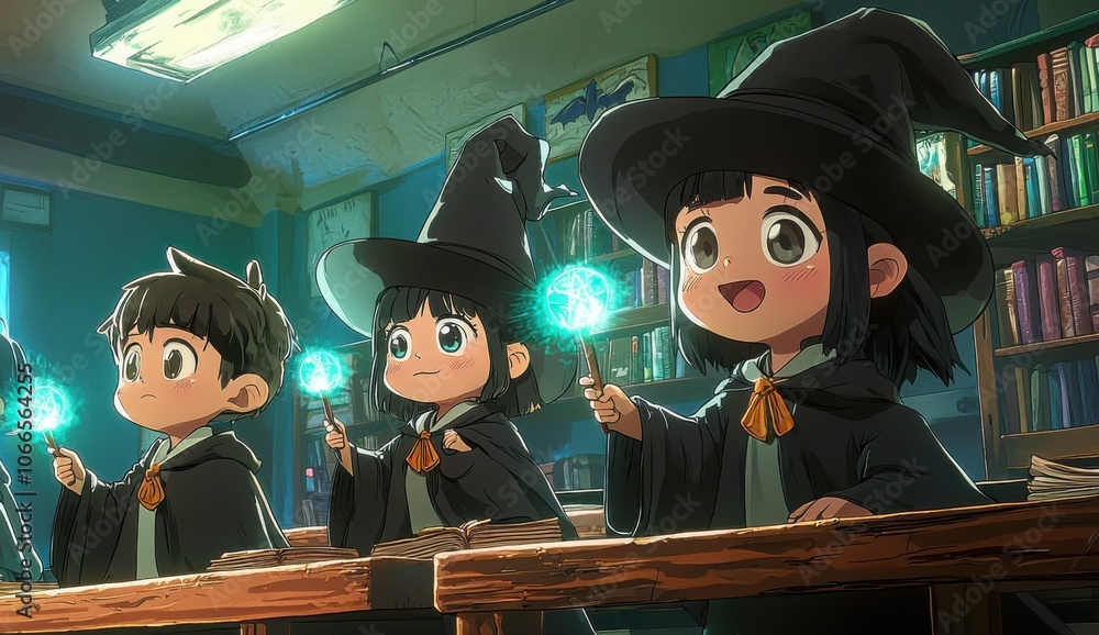 Obraz premium Charming chibi anime wizards enthusiastically practicing magic spells in a magical classroom environment filled with books and enchantment