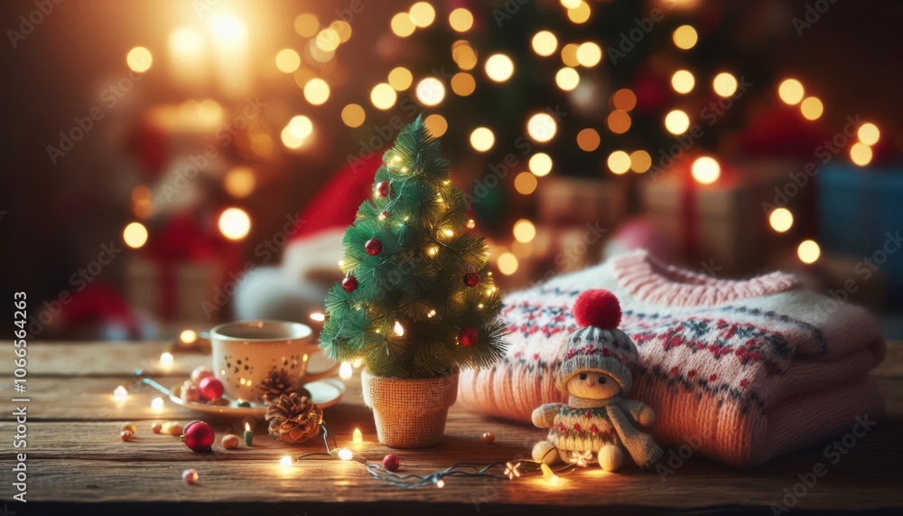 Little Christmas tree, Christmas lights bokeh, wooden table with sweater on a background and decorations. Winter mood, holiday decoration, magic Christmas. Merry Christmas Festive Celebration. Little Christmas tree, Christmas lights bokeh, wooden table with sweater on a background and decorations. Winter mood, holiday decoration, magic Christmas. Merry Christmas Festive Celebration.
