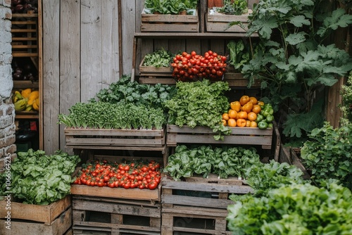 Fresh produce displayed on rustic wooden crates at a farmers market