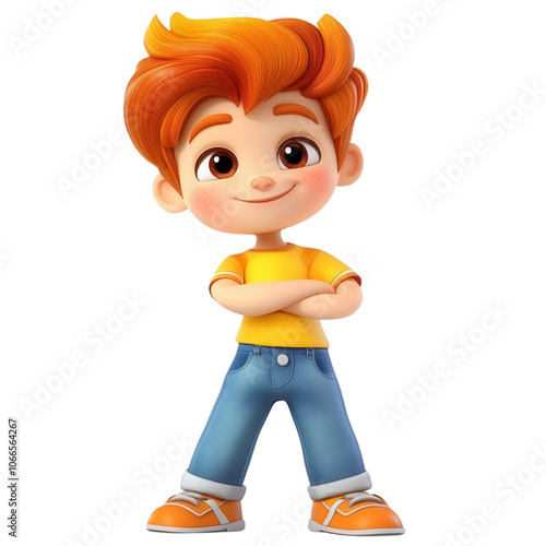 Happy cartoon boy with orange hair in a yellow shirt and blue jeans, smiling confidently, isolated on transparent or white background