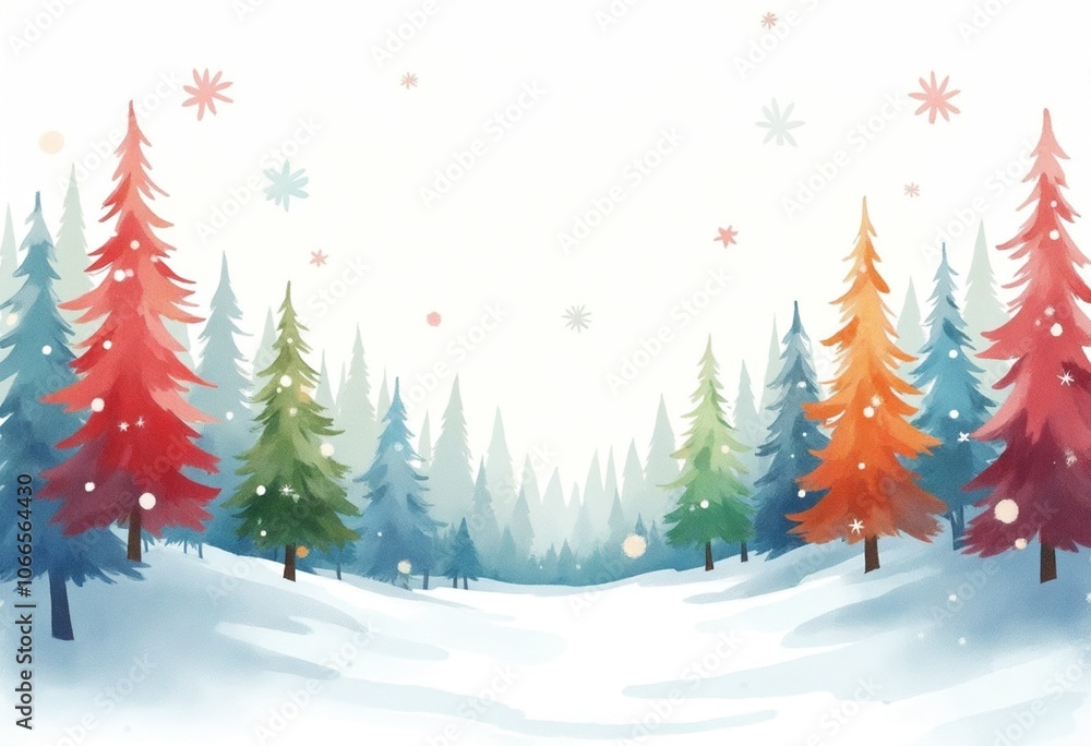 Obraz premium Serene watercolor abstract background featuring colorful trees and snowy landscape, perfect for Christmas themes and winter designs