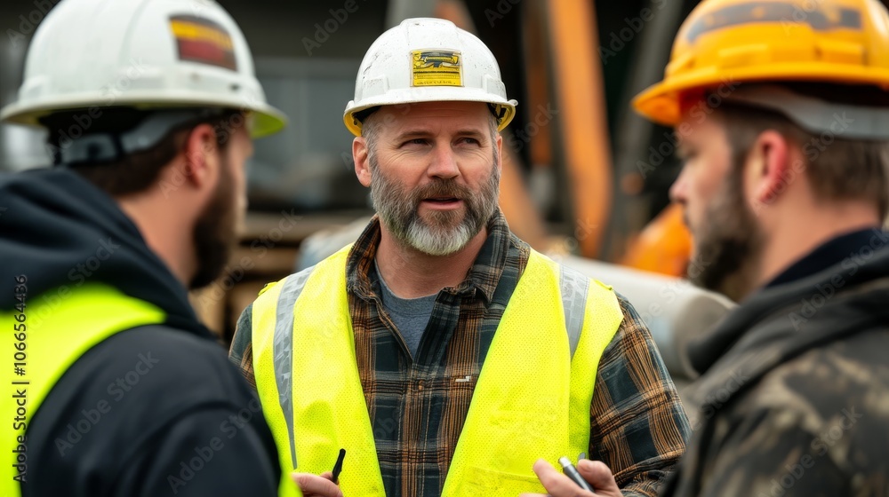 Three construction workers in safety gear engage in a discussion. The focus is on teamwork and safety in a construction environment. Three construction workers in safety gear engage in a discussion. The focus is on teamwork and safety in a construction environment.