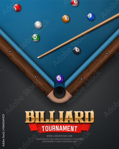 Billiard table with balls and cue. Pool table top view. Poster for sports championship. Vector illustration.