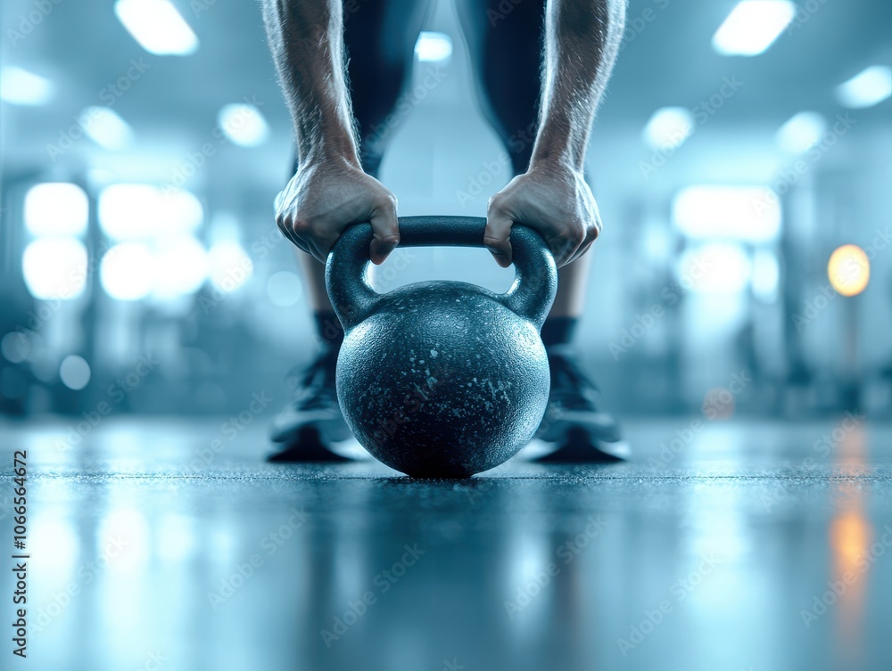 Fototapeta premium A person lifting a kettlebell in a well-lit gym, showcasing strength and fitness. The focus is on the kettlebell and the determination of the individual.